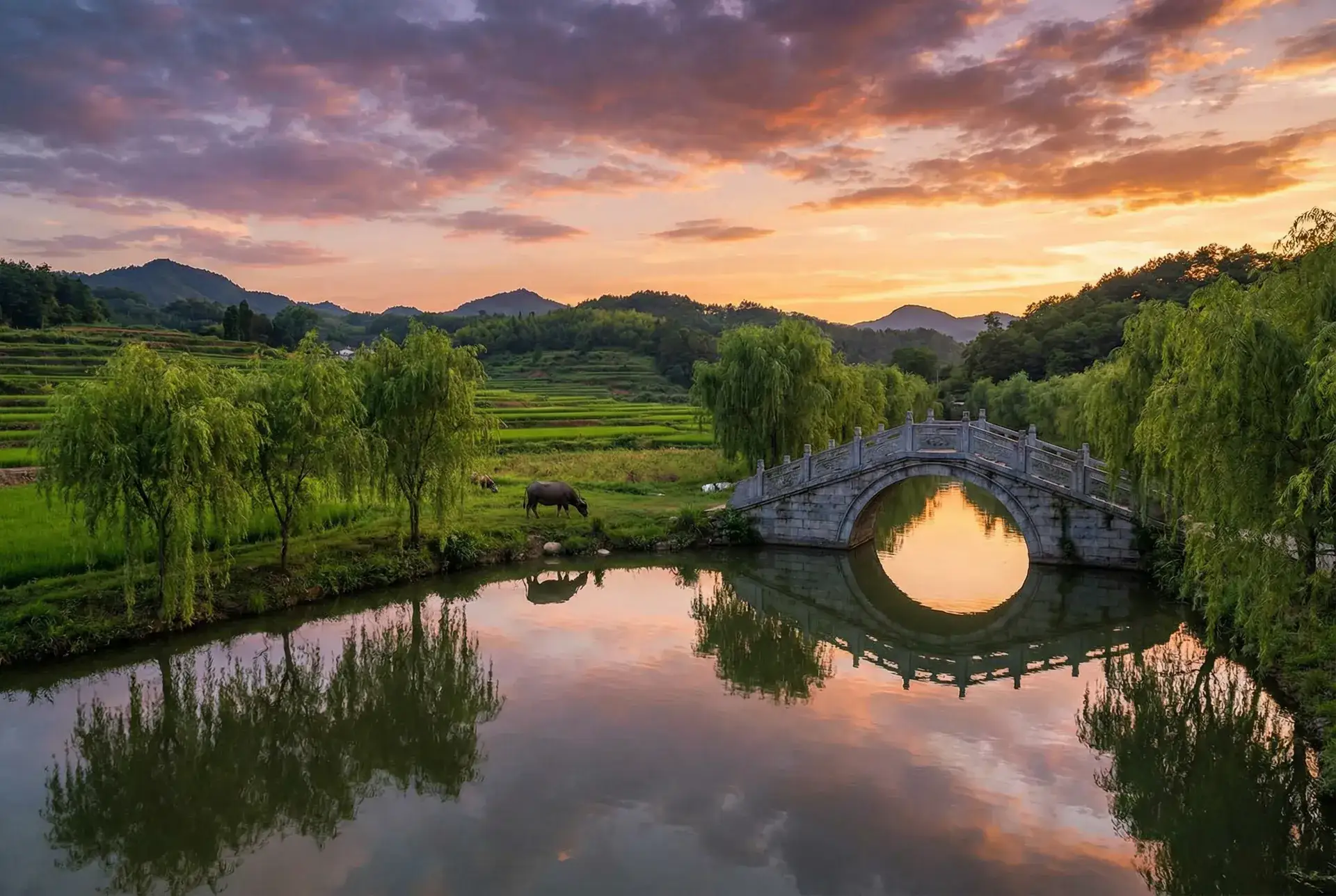 夕阳下的石拱桥与垂柳，水牛在河边吃草 - 比基尼写真 乡村美景