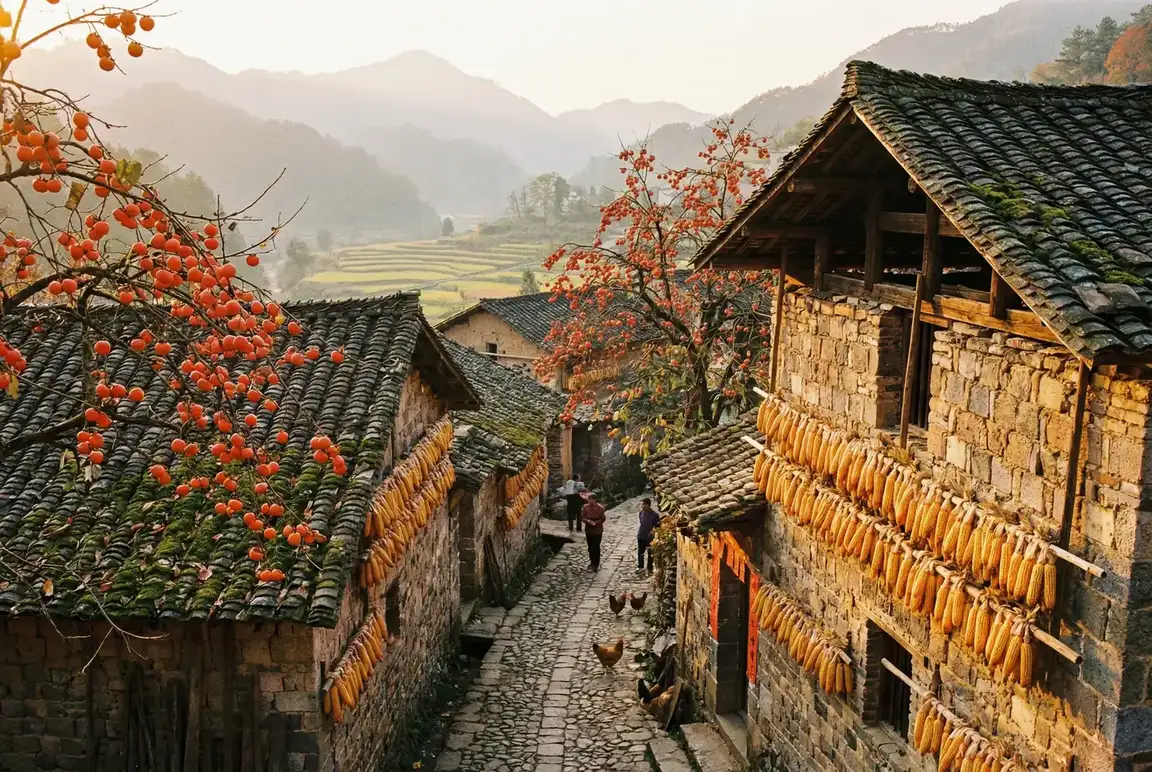 秋天的古村落，柿子树挂满红果，玉米晾晒在墙上 - 比基尼写真 秋收景象